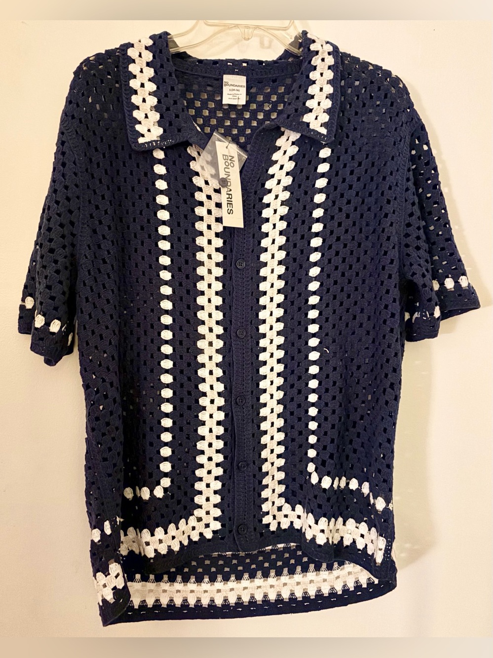 No Boundaries Blue and White Crochet Button-Down Top with Polo Neck